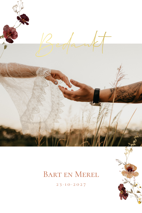 Bedankkaart bruiloft bloemen aardetinten