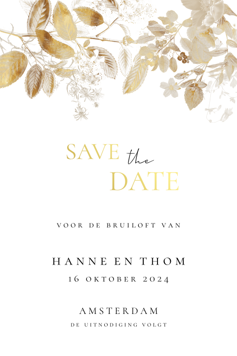 Save the Date kaart bloemen goud