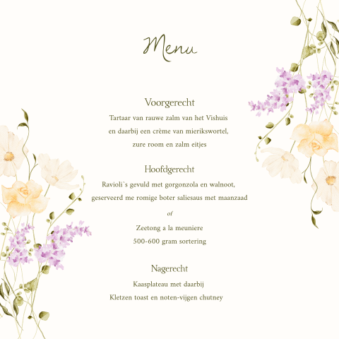Menukaart bruiloft diner pastel veldbloemen