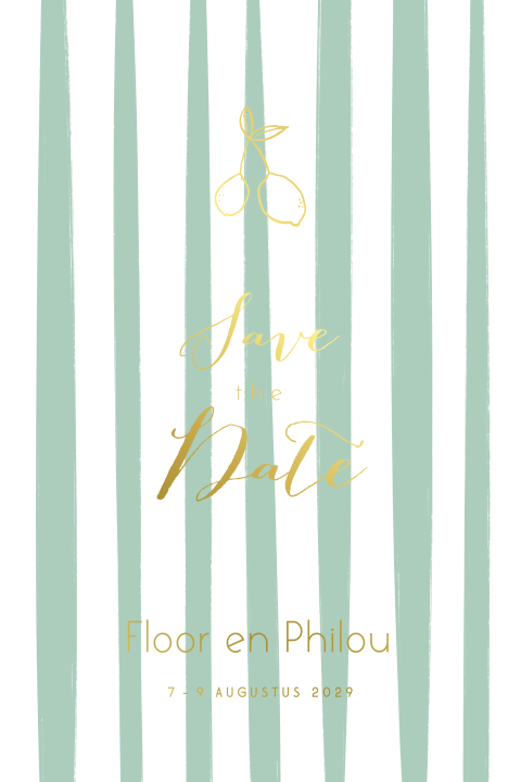 Save the Date kaart kalkpapier streep citroen goudfolie