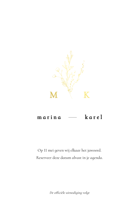 Save the Date kaart goudfolie takjes bloemetjes initialen