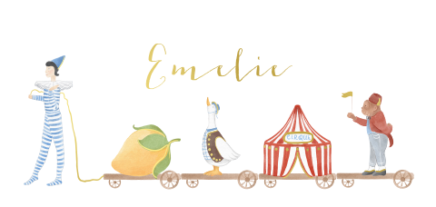 Geboortekaartje circus trein citroen aap gans