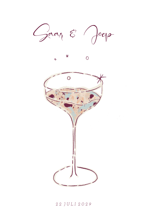 Vrolijke trouwkaart kleurrijk champagne glas