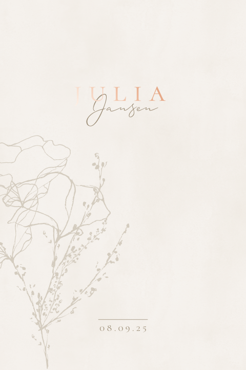 Geboortekaartje zandkleur schets bloemen rosegoud