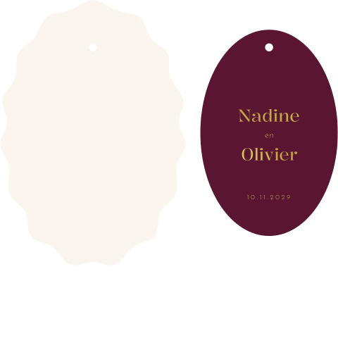 Trouwkaart label set ovaal met lint aubergine