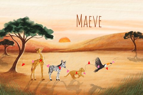 Poster kinderkamer meisje wilde dieren giraf zebra leeuw toekan