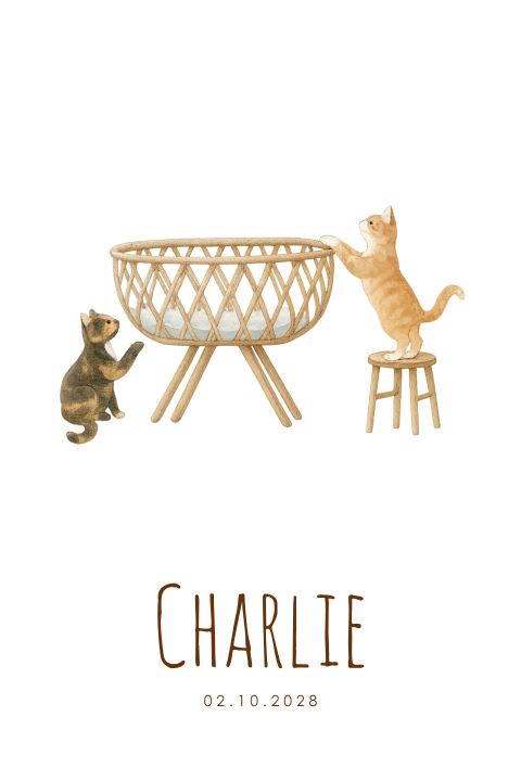 Geboortekaartje watercolor wieg twee katten