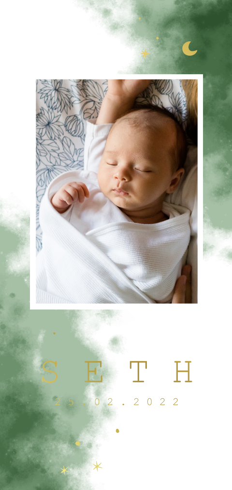 Geboortekaartje panorama met groene watercolor spetters