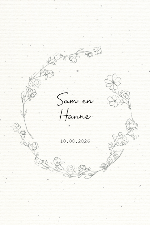Trouwkaart schets zwart bloemenkrans