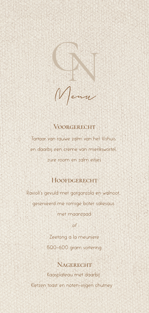 Menukaart en drankenkaart bruiloft linnen look