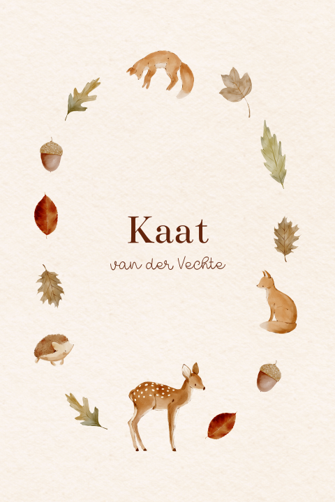 Herfst geboortekaartje neutraal blaadjes vos hertje egel