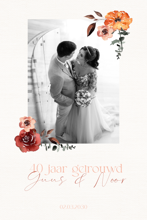 Jubileumkaart 40 jaar getrouwd linnen look bloemen rood roze foto