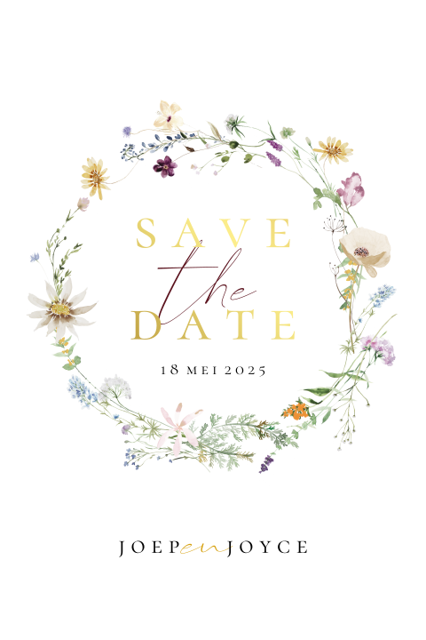 Save the Date kleurrijke bloemenkrans goudfolie