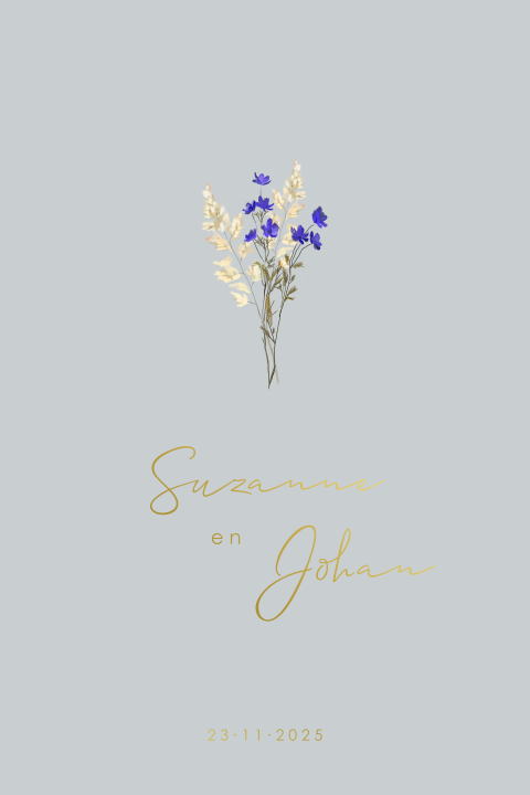 Trouwkaart bloemen zand paarsblauw