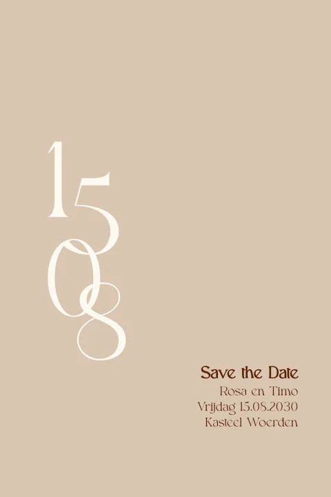Moderne save the date in zandkleur met grote cijfers