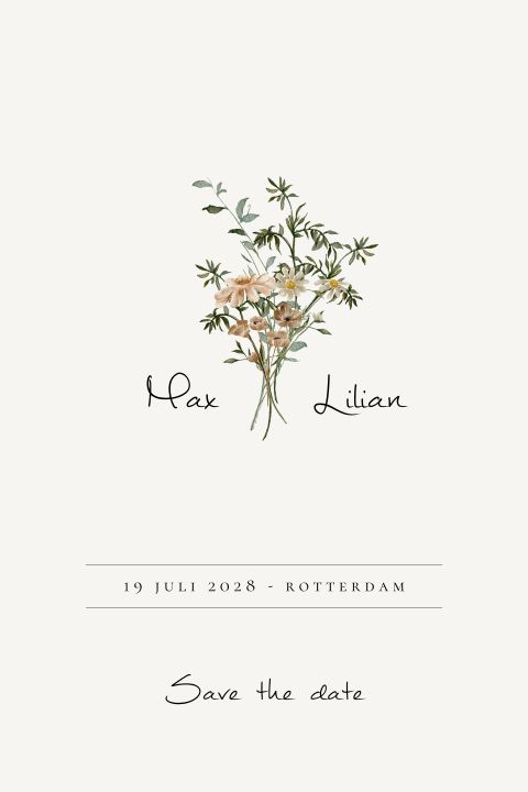 Save the Date kaart boeket takjes bloemen