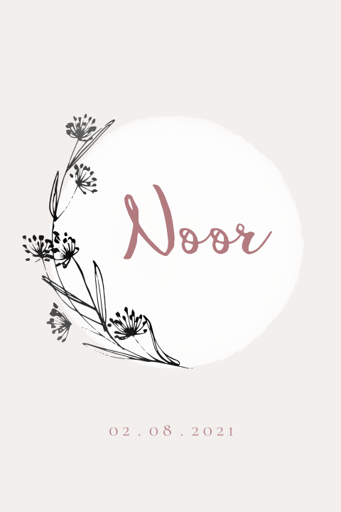 Geboortekaartje zandkleur met zwartfolie bloemenkrans