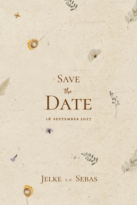 Save the date met eco achtergrond en droogbloemen