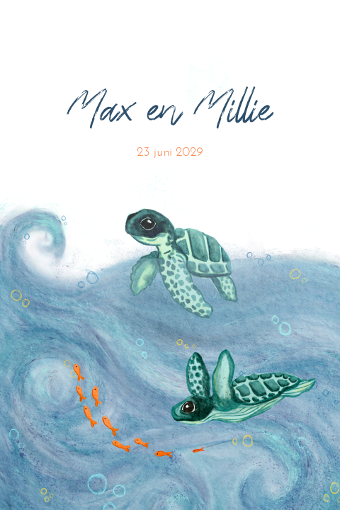 Geboortekaartje tweeling schildpadjes zee oranje visjes