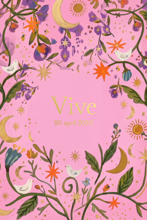 Geboortekaartje meisje roze maan sterren vogels