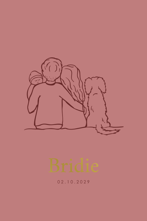 Geboortekaartje meisje lijntekening gezin hond Heidewachtel