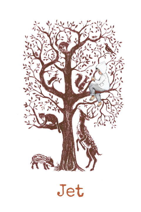 Geboortekaartje illustratie boom kindje dieren bruin