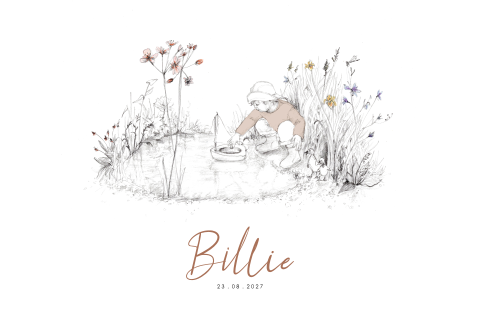 Geboortekaartje unisex illustratie kindje vijver bootje