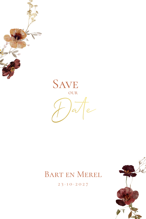 Save the Date kaart bloemen aardetinten