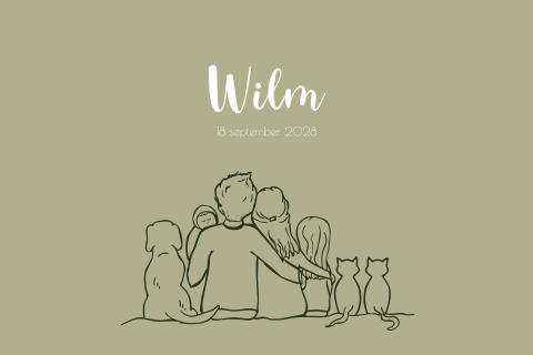 Geboortekaartje jongen lijntekening gezin labrador katten