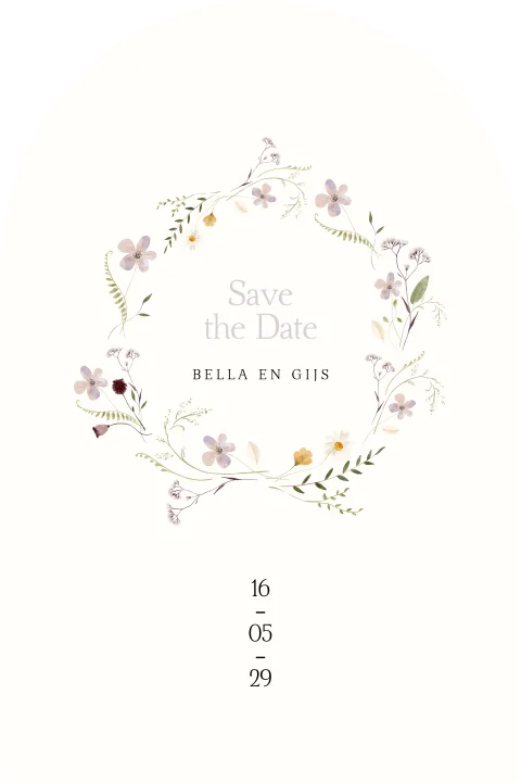 Save the date botanisch met pastelkleurige wilde bloemen