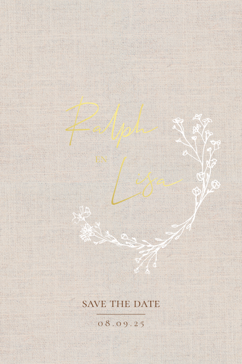 Save the Date zandkleur linnen look bloemen