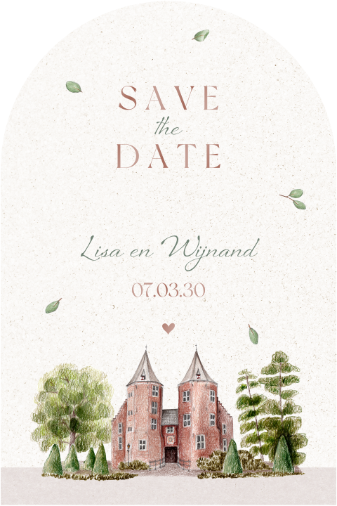 Save the Date kaart trouwlocatie met bruine en groene blaadjes