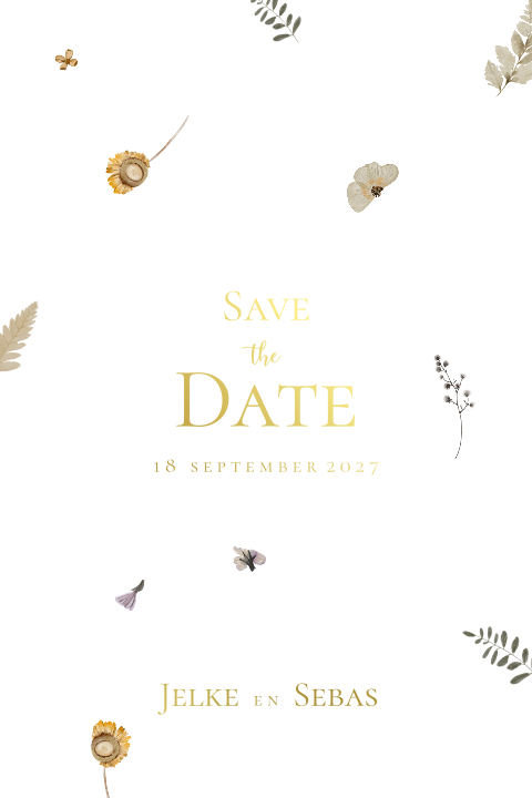 Save the Date kalkpapier goudfolie droogbloemen