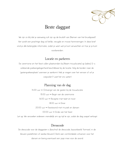 Ceremoniemeester brief bruidspaar citroenen