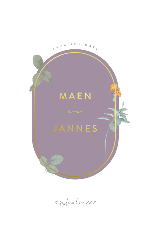 Save the Date kaart paars blaadjes bloemen