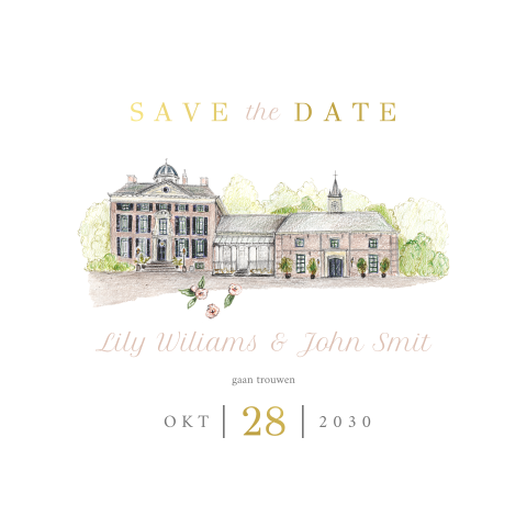 Save the date trouwlocatie met bloesem in originele blooming vorm