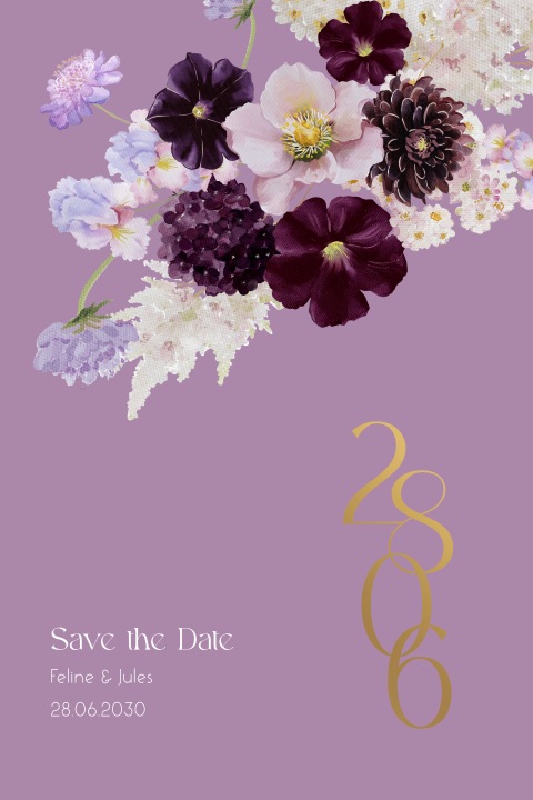Romantische Save the Date kaart paarse bloemen