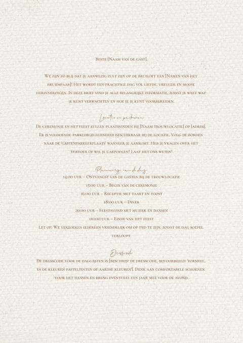 Ceremoniemeester brief bruidspaar linnen look