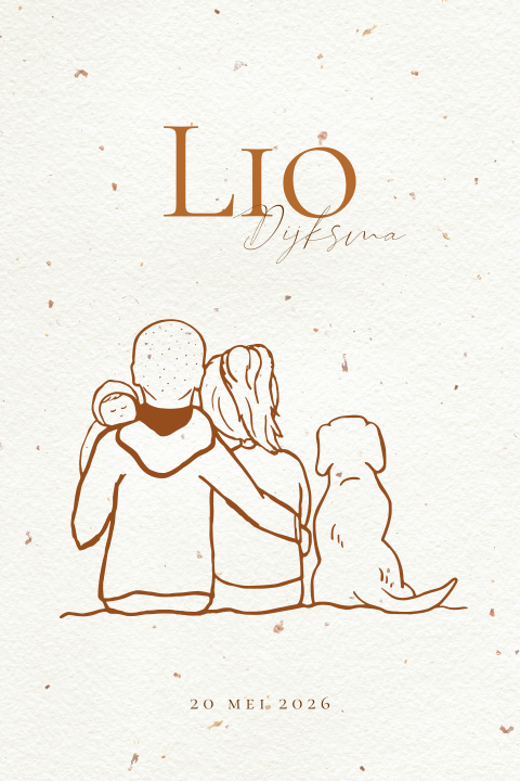 Geboortekaartje lijntekening baby gezin hond