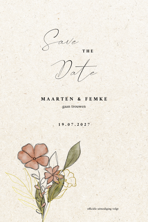 Save the Date recycle look bloemen goudfolie