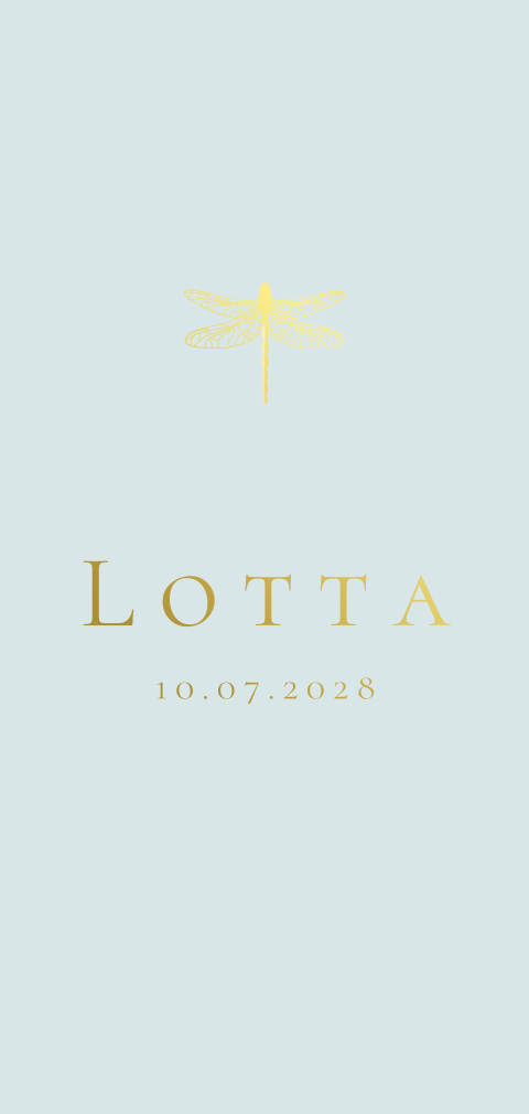 lichtblauw geboortekaartje met libelle in goudfolie