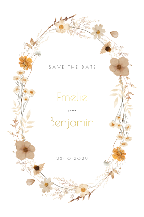 Save the Date ovaal romantische bloemen aardetinten naturel