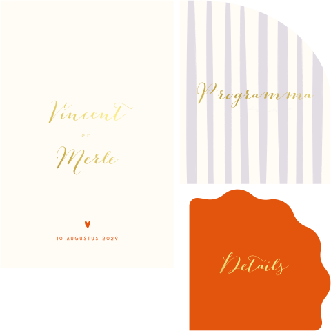 Trouwkaarten set colorblock paars oranje goud