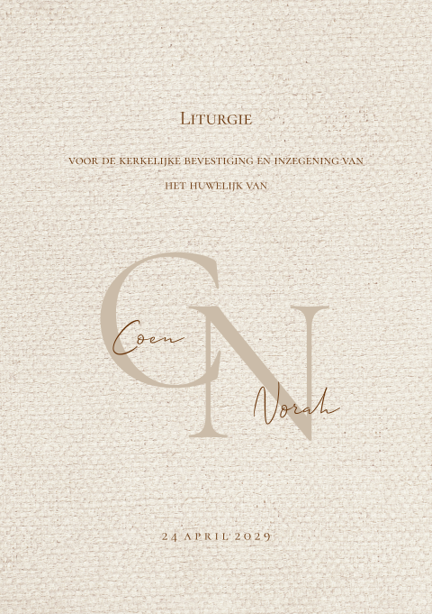 Liturgie bruiloft kerkdienst linnen look zand initialen