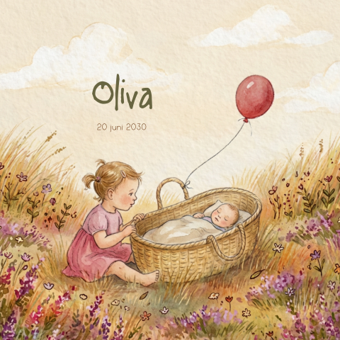 Geboortekaartje zusje baby mozesmandje grote zus