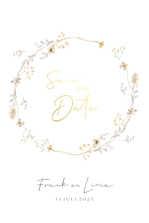 Save the Date lichte bloemenkrans goudfolie