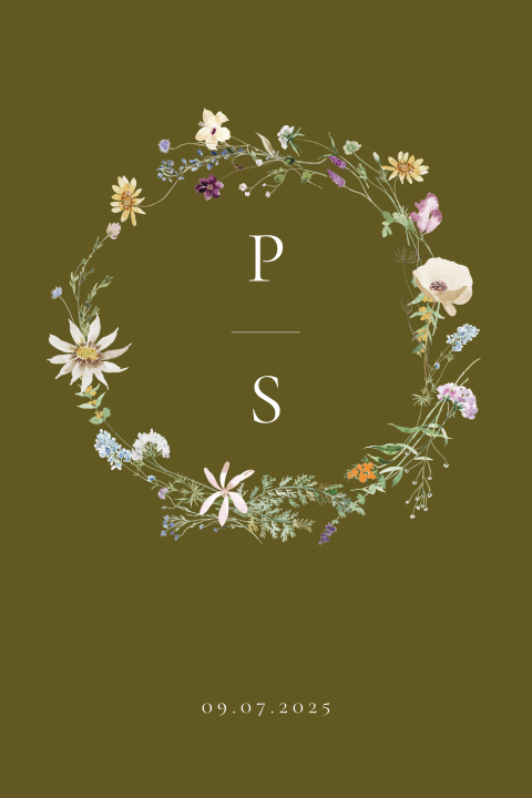 Trouwkaart dubbel groen bloemenkrans