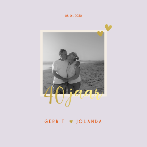 Jubileumkaart 40 jaar getrouwd kleurrijk oranje paars foto (goud)folie