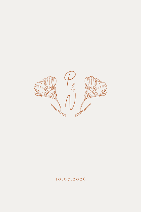 Trouwkaart lijntekening roestbruin bloemen