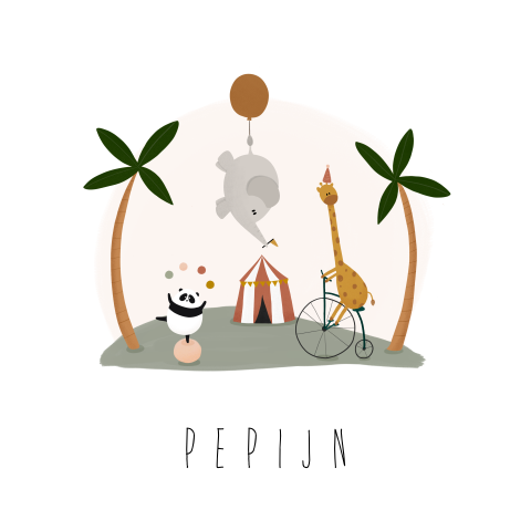 Geboortekaartje circus pandabeer olifant giraffe